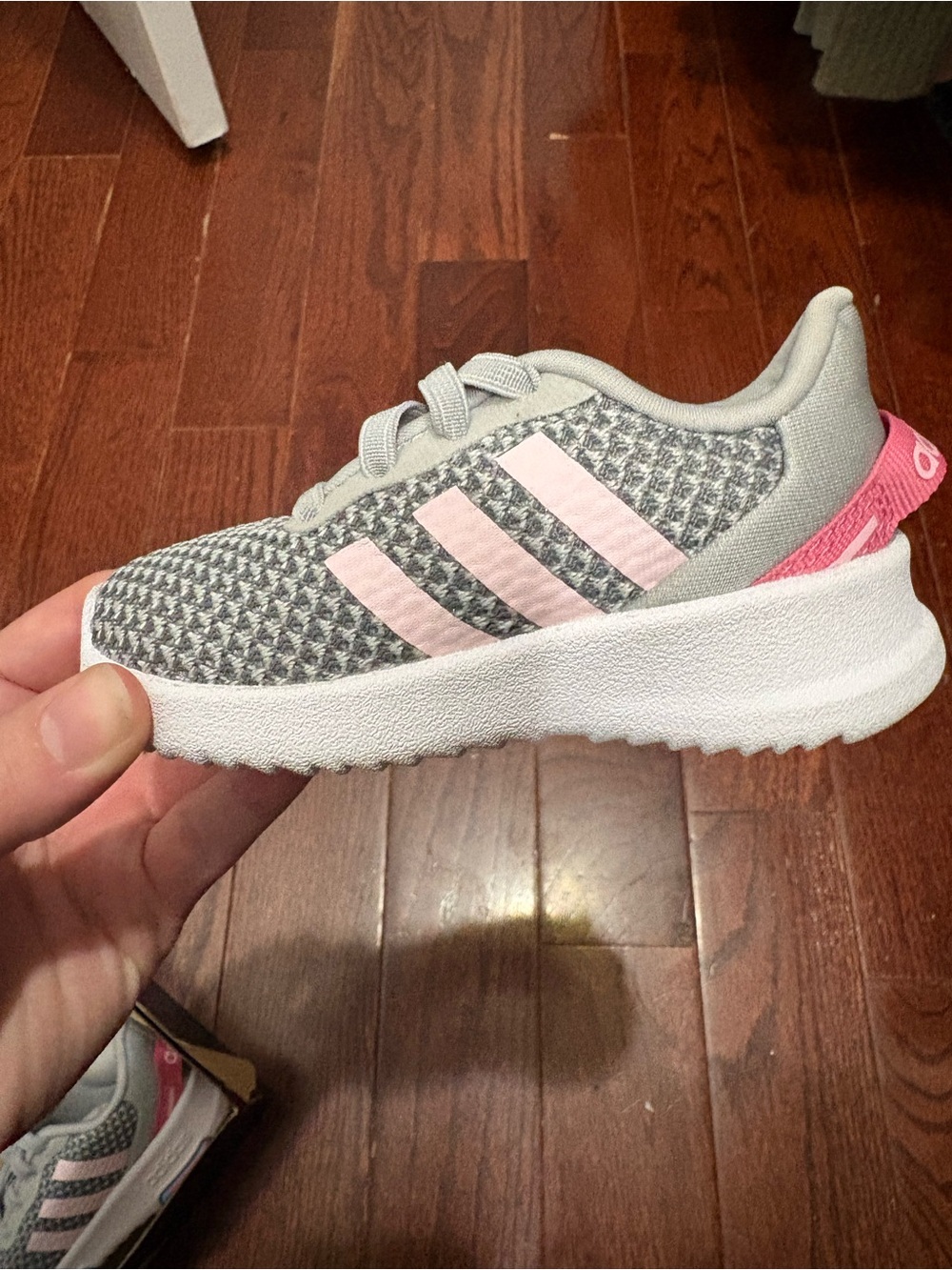 adidas Toddler Grey Sneakers with Pink Stripes - Picture 5 of 6